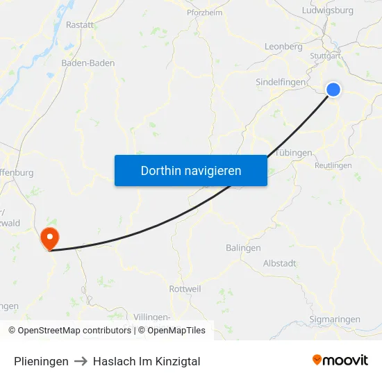 Plieningen to Haslach Im Kinzigtal map