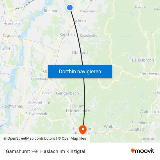 Gamshurst to Haslach Im Kinzigtal map