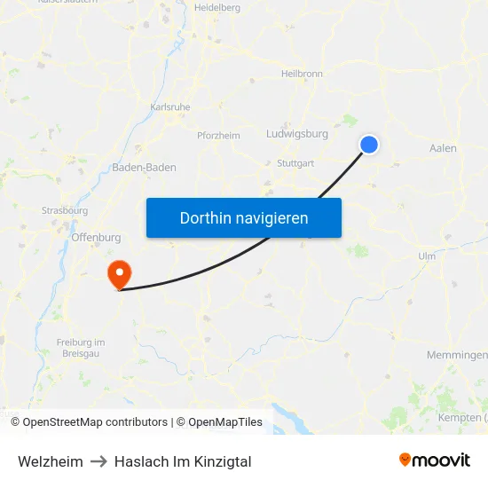 Welzheim to Haslach Im Kinzigtal map