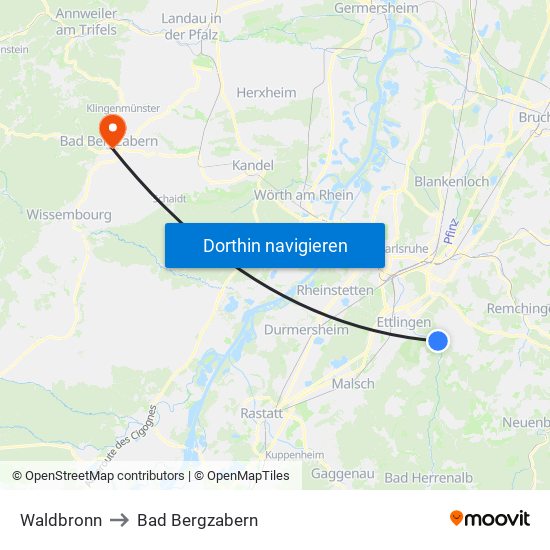 Waldbronn to Bad Bergzabern map