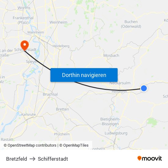 Bretzfeld to Schifferstadt map