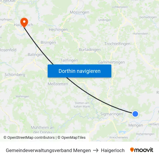 Gemeindeverwaltungsverband Mengen to Haigerloch map