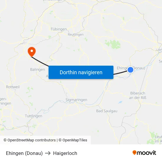 Ehingen (Donau) to Haigerloch map