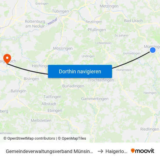 Gemeindeverwaltungsverband Münsingen to Haigerloch map