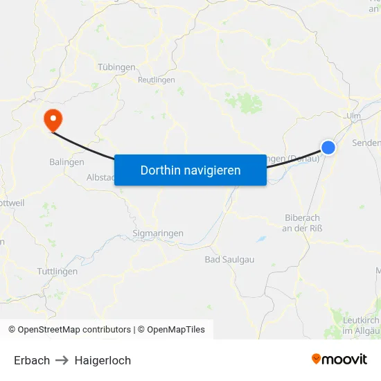 Erbach to Haigerloch map
