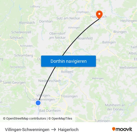 Villingen-Schwenningen to Haigerloch map
