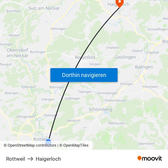 Rottweil to Haigerloch map