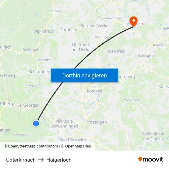 Unterkirnach to Haigerloch map