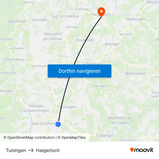 Tuningen to Haigerloch map
