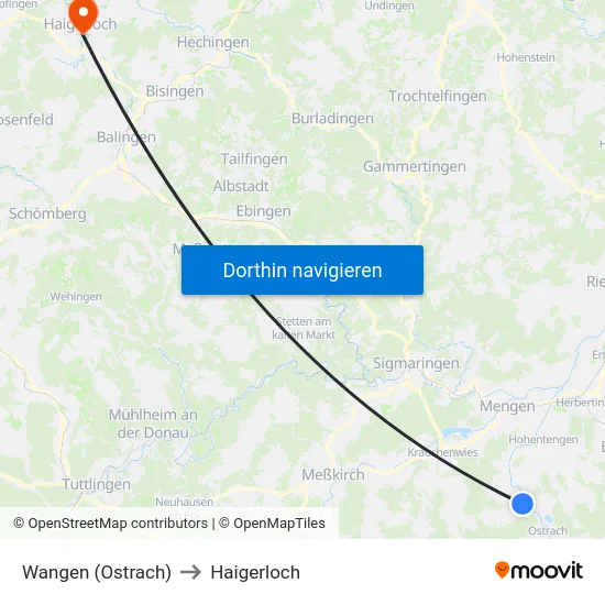 Wangen (Ostrach) to Haigerloch map