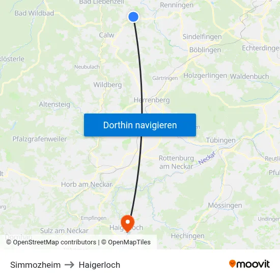 Simmozheim to Haigerloch map
