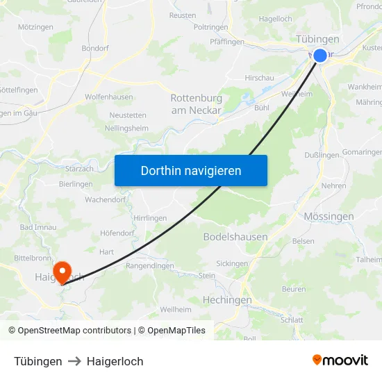 Tübingen to Haigerloch map