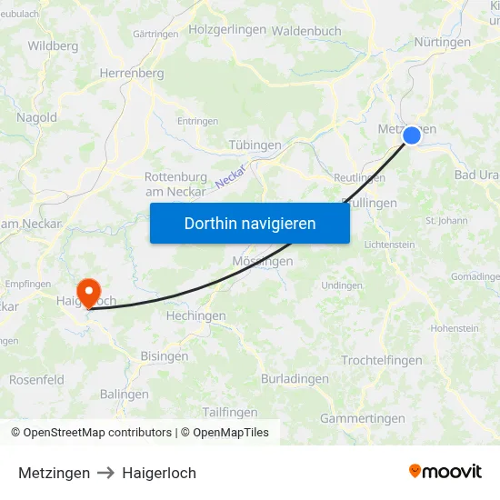 Metzingen to Haigerloch map