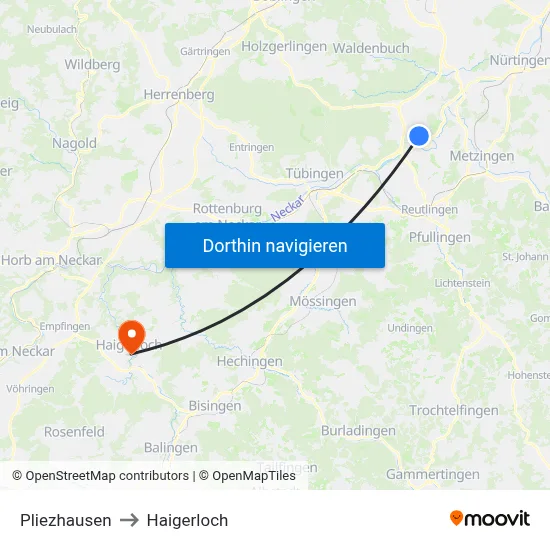 Pliezhausen to Haigerloch map