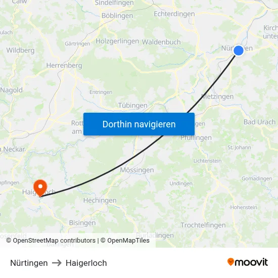 Nürtingen to Haigerloch map