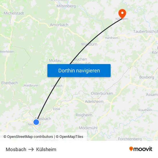 Mosbach to Külsheim map