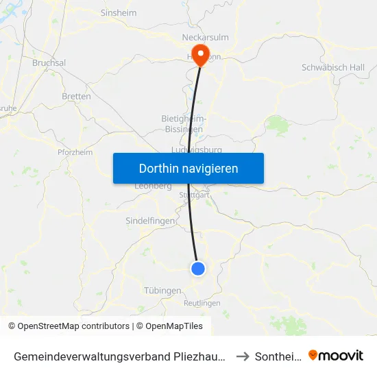 Gemeindeverwaltungsverband Pliezhausen to Sontheim map