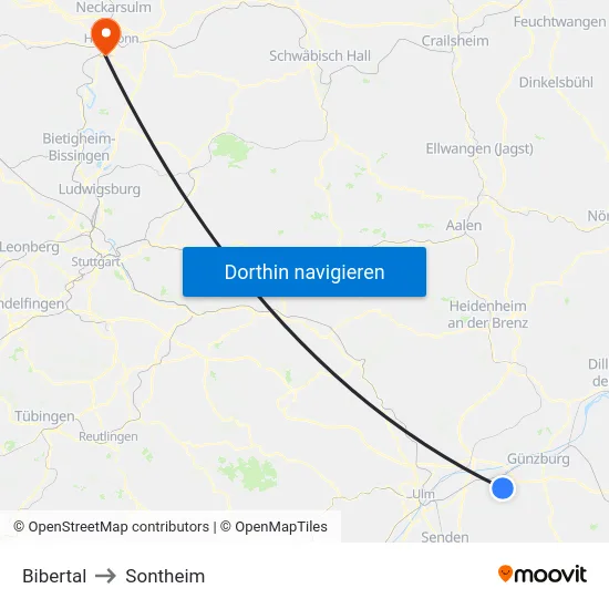 Bibertal to Sontheim map