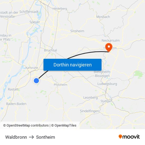 Waldbronn to Sontheim map
