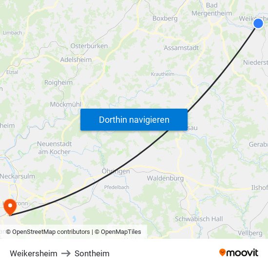Weikersheim to Sontheim map