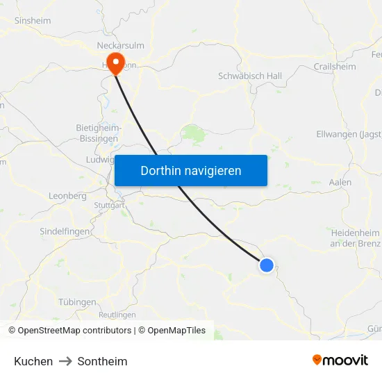 Kuchen to Sontheim map