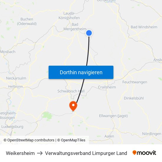 Weikersheim to Verwaltungsverband Limpurger Land map