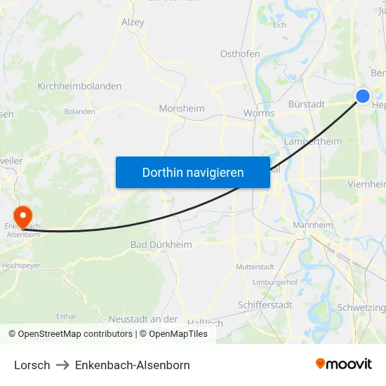 Lorsch to Enkenbach-Alsenborn map