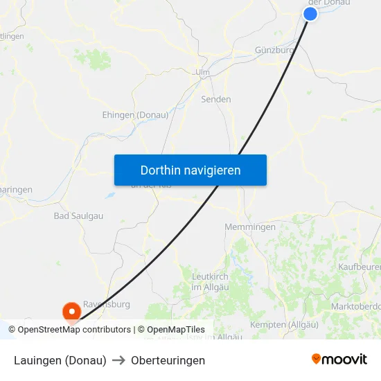 Lauingen (Donau) to Oberteuringen map