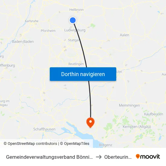 Gemeindeverwaltungsverband Bönnigheim to Oberteuringen map