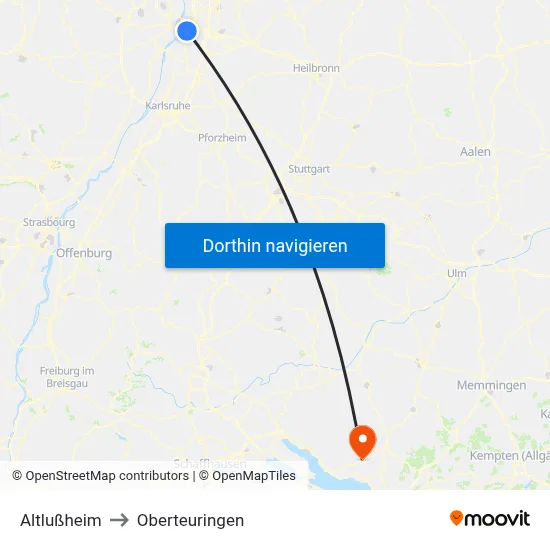 Altlußheim to Oberteuringen map