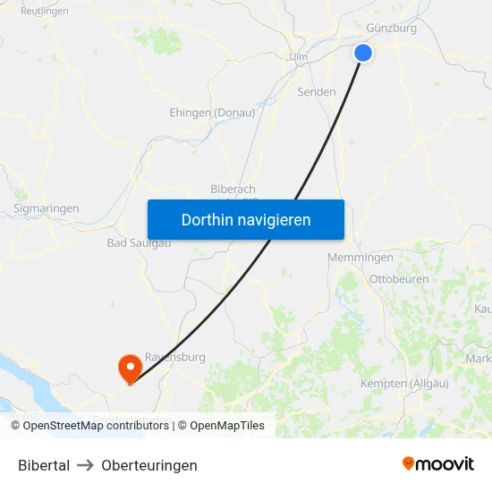 Bibertal to Oberteuringen map
