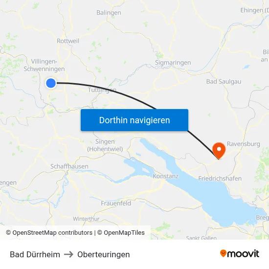 Bad Dürrheim to Oberteuringen map