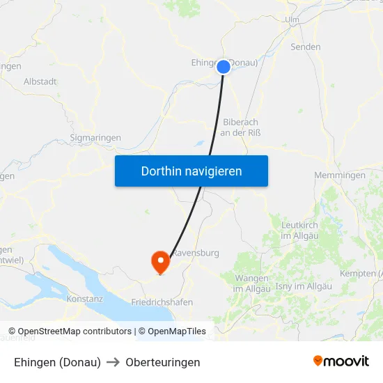Ehingen (Donau) to Oberteuringen map
