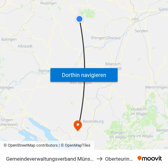 Gemeindeverwaltungsverband Münsingen to Oberteuringen map
