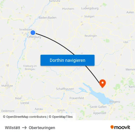 Willstätt to Oberteuringen map