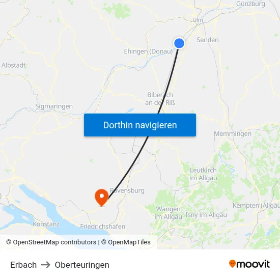 Erbach to Oberteuringen map