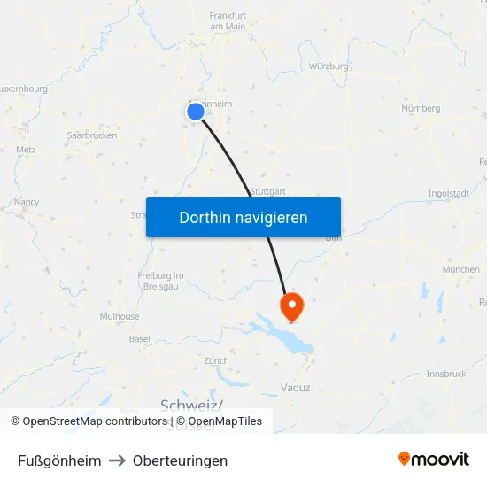 Fußgönheim to Oberteuringen map