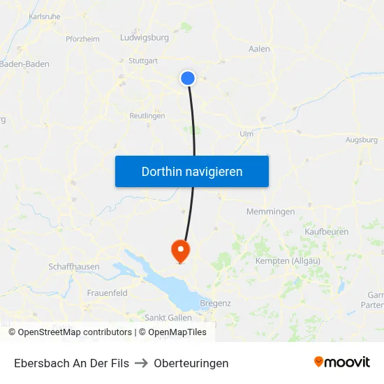 Ebersbach An Der Fils to Oberteuringen map