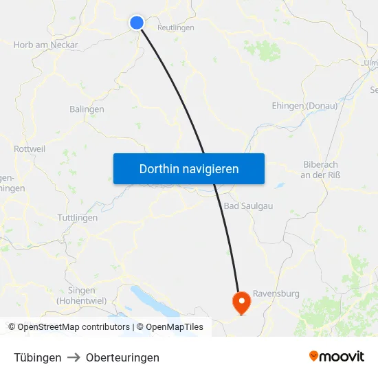Tübingen to Oberteuringen map