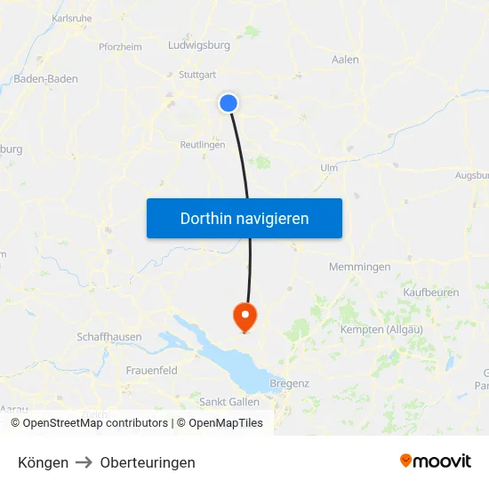 Köngen to Oberteuringen map
