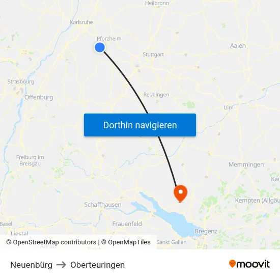 Neuenbürg to Oberteuringen map