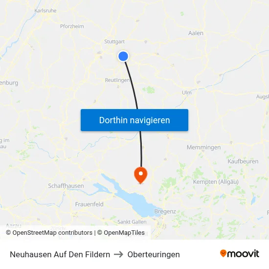 Neuhausen Auf Den Fildern to Oberteuringen map