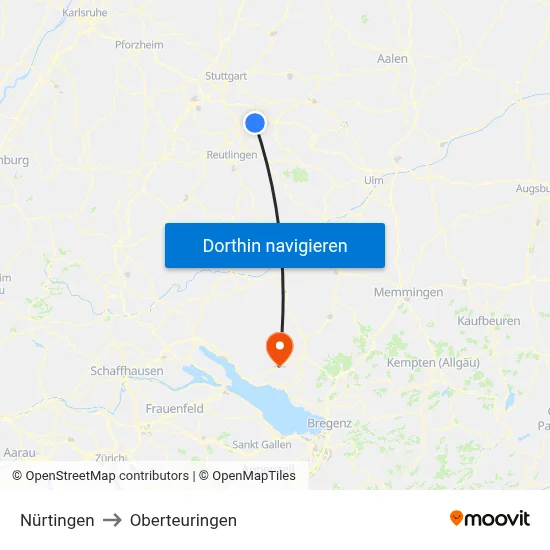Nürtingen to Oberteuringen map