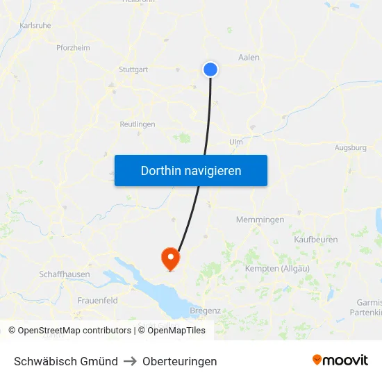 Schwäbisch Gmünd to Oberteuringen map