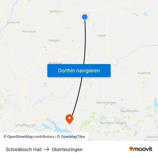 Schwäbisch Hall to Oberteuringen map
