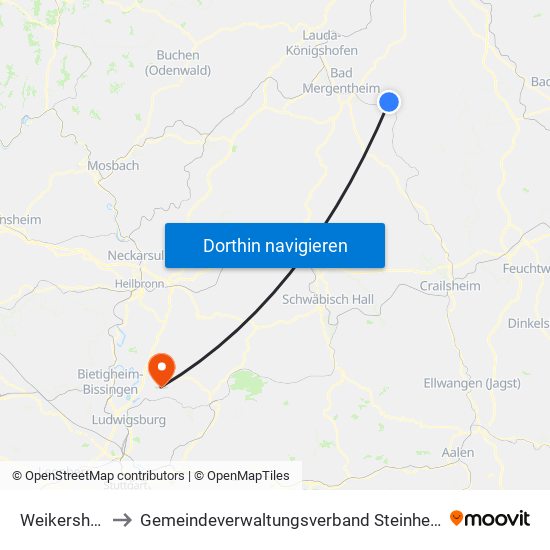 Weikersheim to Gemeindeverwaltungsverband Steinheim-Murr map