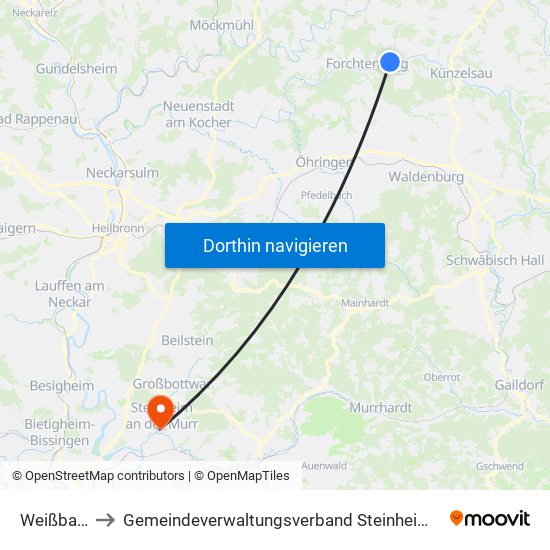 Weißbach to Gemeindeverwaltungsverband Steinheim-Murr map