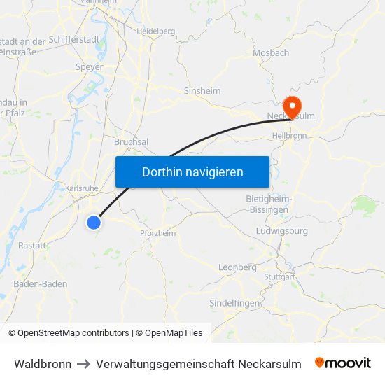 Waldbronn to Verwaltungsgemeinschaft Neckarsulm map