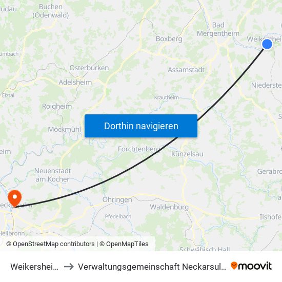 Weikersheim to Verwaltungsgemeinschaft Neckarsulm map