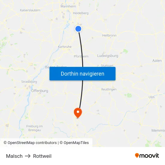 Malsch to Rottweil map
